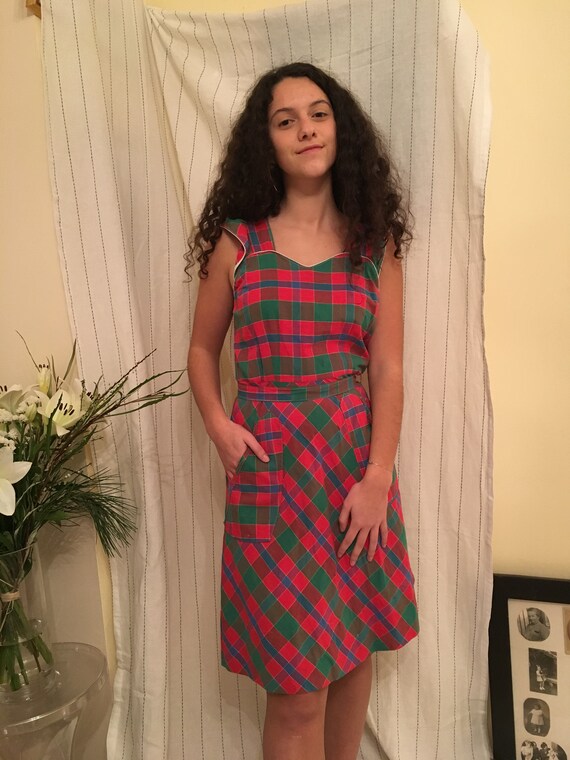 Vintage 1930s 1940s check plaid pinafore dress Fre