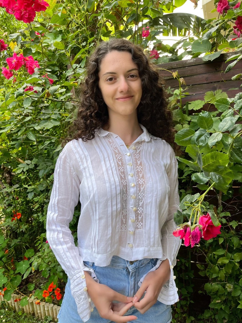 French antique Edwardian Victorian cotton lacy white blouse image 1