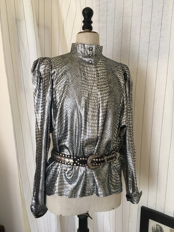 Vintage 80s metallic blouse 1980s silver snakeskin