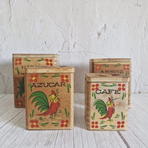 Vintage Wood Kitchen Lidded Containers Set of 4 Nested Boxes with Lid Painted Rooster Floral Coffee Sugar Tea Storage Jars Dry Food Holder