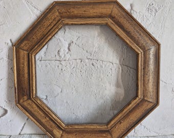 Vintage 1980s Large Octagonal Picture Frame, Dark Brown Distressed Wooden Photo Frame, Rustic Farmhouse Glazed Hanging Print Wall Decor Gift