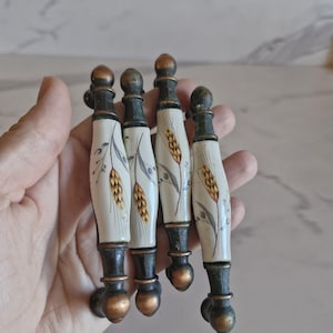 Vintage Wheat Ceramic Drawer Pulls, Set Of 4 Bronze Patina Cabinet Handles, Hand Painted Ivory Kitchen Hardware, Rustic Farmhouse Knobs