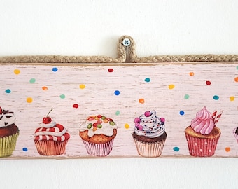 Rosa Shabby Chic decoupage träplakett, färgglad jute-muffinsväggbonad, rustik handmålad bageriskylt, köksväggdekoration med sötsaker
