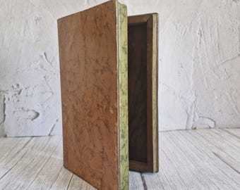 Midcentury Vintage Book-Shaped Box, Hinged Lid Wooden Trinket Box, Faux Leather Secret Storage Box, Compact Desk Organizer, Bookshelf Decor