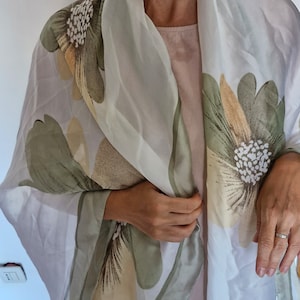 WOMEN SILK SCARF, Whitish head scarf, Large flower print shawl, Wedding dress shoulder cover, Muffler summer, Rectangular light fabric wrap