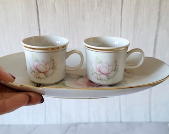 Vintage porcelain demitasse cups gold rim pink floral set, oval serving tray Matching teacups gift, Hand painted china retro tea party decor