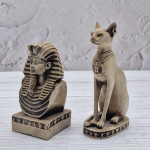 ANCIENT EGYPT FIGURINES, Small statuette Bastet cat, Stone Pharaone head bust, Handcarved history sculptures, Beige mineral monarch head