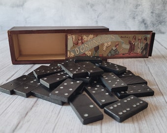 DOMINOES SET WOODEN box, Decorative midcentury lidded box, Vintage classic board game, Family group memory pastime, Party fun tile game,