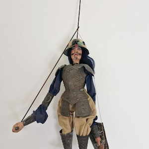 KNIGHT MARIONETTE DOLL with a shield, Antique string puppet, Poppet model sword, Large wobbling metal dummy, Manikin chevalier in aromour