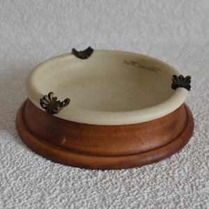 WHITE CERAMIC ASHTRAY, Brown round ashpan, Designer sign keepsake bowl, Vintage Italian pottery, Desk smoker gift, Cigarette ash receptacle