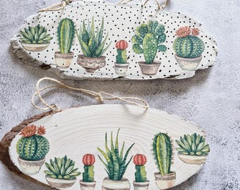 Decoupage-kaktusträplakett, rustik suckulentväggbonad, shabby chic botanisk skylt, krukväxtkaktusträkonst, present till växtälskare