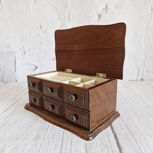WOODEN JEWELRY BOX, Lidded one drawer container, Vintage lined rings organizer, Small chest with metal knobs, Trinket case with partitions