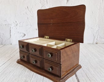 Vintage Style Wooden Jewelry Box With Drawers, Antique Brass Knob Lidded Jewelry Chest, Small Ring Roll Dresser Organizer