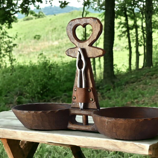 DOUBLE KITCHEN SERVING bowl, Wooden rustic nut bowl with tools, Nutcracker dish with handle, Snack dish,  Round table basin, Decorative pot