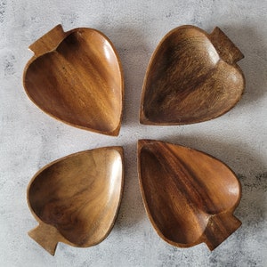 4 TEAK SMALL BOWLS set, Wood heart wall hanging decor, Midcentury snack dish, Serving plates, Fruit platter container gift for new home