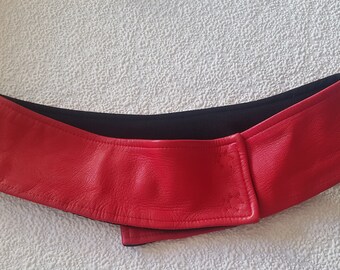 Vintage 90s Dolce Gabbana Wide Red Leather Waist Belt, D&G Snap Clasp Cincher, Designer Statement Obi Sash, Luxury Fashion Accessory Women