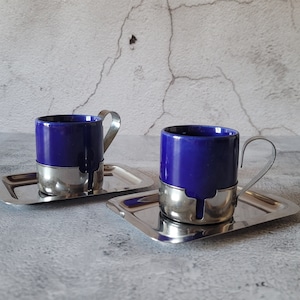 CERAMIC ESPRESSO CUPS metal saucers set of 2, Small blue ceramic coffee mugs, Turkish coffee cups in holders, New job gift for a couple