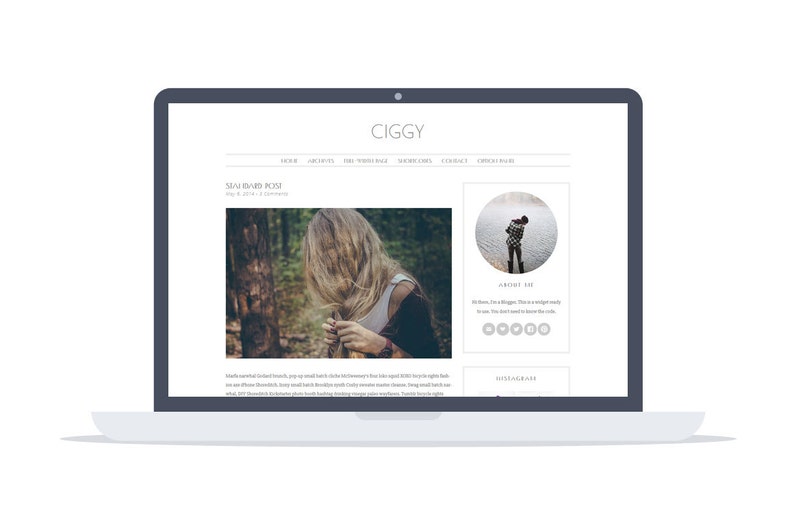 May include: A laptop computer displaying a website with the title "CIGGY" and a blog post titled "Seabird Pose" with a photo of a woman with long blonde hair in a forest setting. The website also includes a section titled "About Me" with a photo of a person standing in a field.