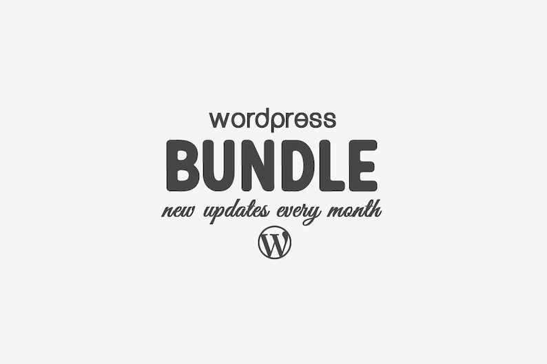 以下が含まれることがあります： 「wordpress BUNDLE new updates every month」というテキストとWordPressのロゴが入った白黒のロゴです。