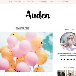 以下が含まれることがあります： 「Standard Post」というタイトルのブログ記事と、青い空を背景に笑顔の顔をしたカラフルな風船の写真。ブログ記事はブロガーについてで、ソーシャルメディアのアイコンが付いたウィジェットが含まれています。