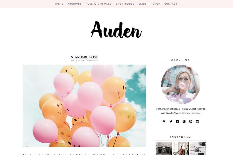 以下が含まれることがあります： 「Standard Post」というタイトルのブログ記事と、青い空を背景に笑顔の顔をしたカラフルな風船の写真。ブログ記事はブロガーについてで、ソーシャルメディアのアイコンが付いたウィジェットが含まれています。