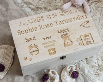 May include: A wooden keepsake box with an engraved inscription that reads "Welcome to the world. Sophia Rose Tarnawskyj. Born at 2:56PM. Weighing 6LB7OZ. On the 20th May 2011. Newcross Hospital." The box has a small brass latch and is decorated with stars, hearts, and a clock, scale, and hospital cross.