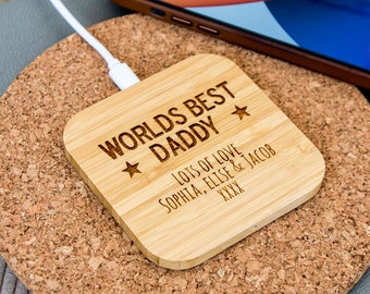 Laser engraved Personalised Bamboo Wireless Charger | Eco-Friendly Bamboo QI Charger | Desk & Bedside Charging | Engraved Phone Dock
