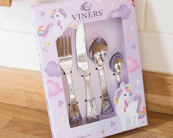 Personalised Unicorn Cutlery Set | Engraved Utensils | Stainless Steel Toddler Cutlery | Kids' First Utensils | Engraved Unicorn Gift Set