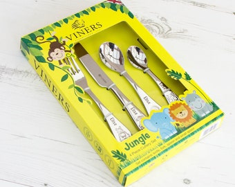 Personalised Jungle Cutlery Set | Engraved Kids Utensils | Stainless Steel Toddler Cutlery | Kids' First Utensils | Engraved Jungle Gift Set