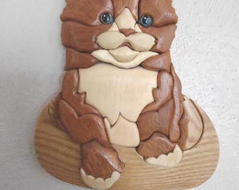 Wooden Intarsia Cat Hand Guided Scroll Saw Wall Art