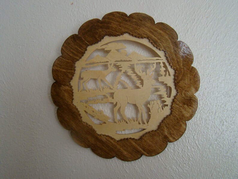 Wooden Scroll Saw Art Woodland Deer Scene Decorative Wall Plaque Gift