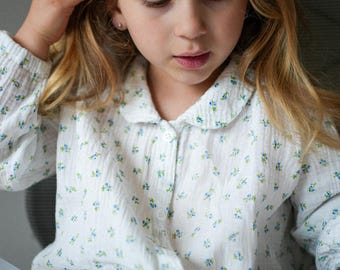 Mousselineblouse meisjes – wit bloemenshirt - blouse met Peter Pan-kraag