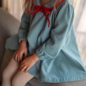 Könnte beinhalten: Ein hellblaues Kleid mit langen Ärmeln und einer roten Schleife am Ausschnitt. Das Kleid wird mit weißen Strumpfhosen getragen. Das Kleid hat ein schlichtes, klassisches Design, geeignet für Kinderkleidung.