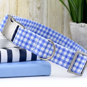 Painted Gingham Dog Collar - Periwinkle & White ~ Fabric Dog Collar ~ Fashion Dog Collar ~ Antique Silver Hardware ~ Sandy Paws Collar