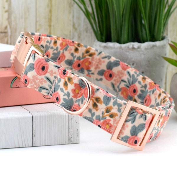Les Fleurs Rosa Dog Collar - Peach ~ Floral Print Fabric Dog Collar ~ Cotton + Steel Rifle Paper Company ~ Rose Gold Metal Hardware