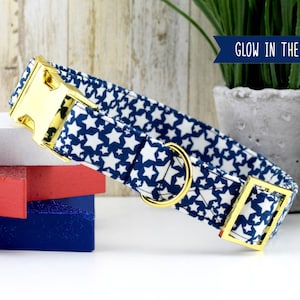 Star Dog Collar - Navy & Glow in the Dark ~ Cotton Fabric Collar ~ Fashion Dog Collar ~ Yellow Gold Hardware ~ Sandy Paws Collar Co
