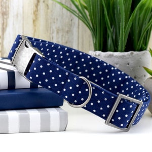 Polka Dot Dog Collar - Navy & White ~ Fashion Dog Collar ~ Polka Dot Fabric Dog Collar ~ Antique Silver Hardware ~ Sandy Paws Collar Co