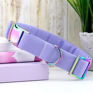 Solid Light Purple Dog Collar ~ Engraved Dog Collar ~ Custom Fabric Dog Collar ~ Rainbow/Iridescent Metal Hardware ~ Sandy Paws Collar Co®