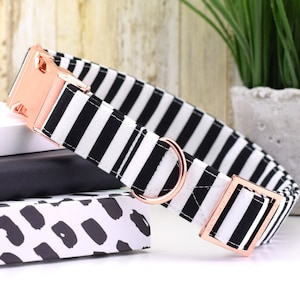 Striped Dog Collar - Black & White ~ Striped Cotton Fabric Dog Collar ~ Fashion Dog Collar ~ Rose Gold Metal Hardware ~ Sandy Paws Collar Co