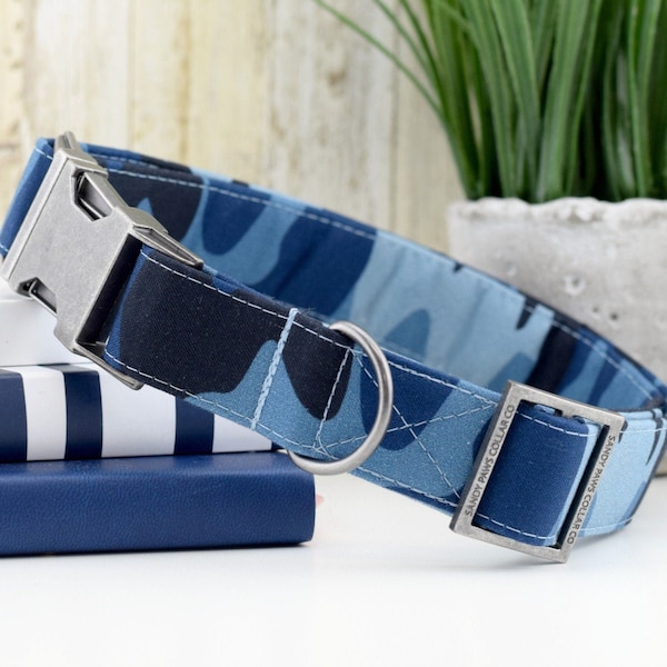 Camo Dog Collar - Blue ~ Camouflage Fashion Dog Collar ~ Fabric Dog Collar ~ Antique Silver Metal Hardware ~ Sandy Paws Collar Co®