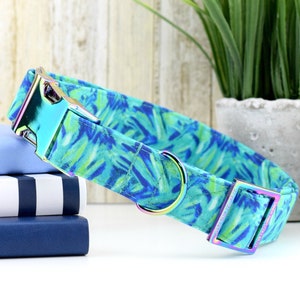 Brushed Flamingo Feather Dog Collar - Teal ~ Fabric Dog Collar ~ Fashion Collar ~ Rainbow/Iridescent Hardware