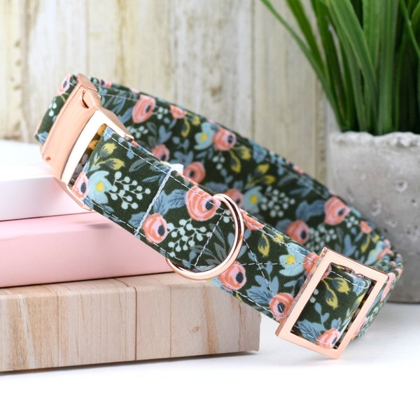 Menagerie Rosa Hundehalsband – Hunter ~ Les Fleurs Rosa Hundehalsband ~ Rifle Paper Co ~ Fashion Hundehalsband ~ Stoffhalsband ~ Roségoldene Hardware