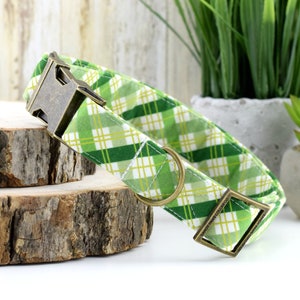 Plaid Dog Collar - Green & White ~ Plaid Cotton Fabric Dog Collar ~ Fashion Dog Collar ~ Antique Bronze Hardware ~ Sandy Paws Collar Co