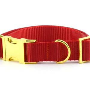 Webbing Dog Collar - Solid Red ~ Solid Nylon Webbing Dog Collar ~ Yellow Gold Metal Hardware ~ Sandy Paws Collar Co