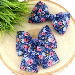 Les Fleurs Rosa Dog Collar Bow - Navy ~ Floral Bow Tie ~ Girly Dog Collar Bow ~ Slide On Bow for Dog Collar ~ Sandy Paws Collar Co®