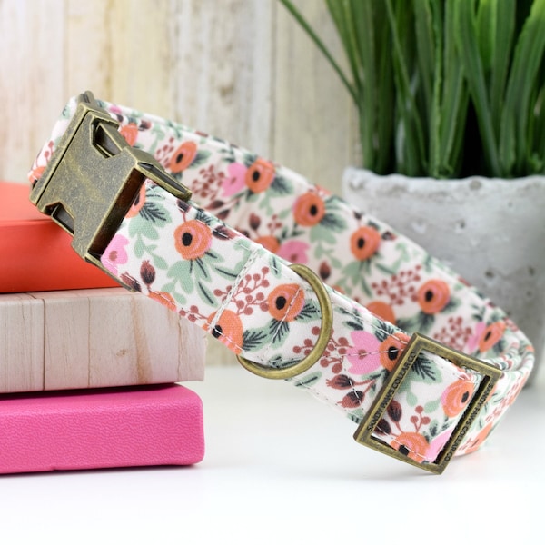 Primavera Rosa Dog Collar - Beige ~ Red, Pink ~ Rifle Paper Co Floral Fabric Dog Collar ~ Fashion Dog Collar ~ Antique Bronze Hardware