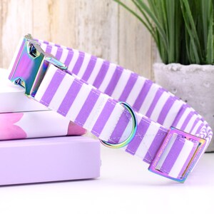 Striped Dog Collar - Purple & White ~ Personalized Striped Fabric Dog Collar ~ Fashion Dog Collar ~ Rainbow Hardware ~ Sandy Paws Collar Co