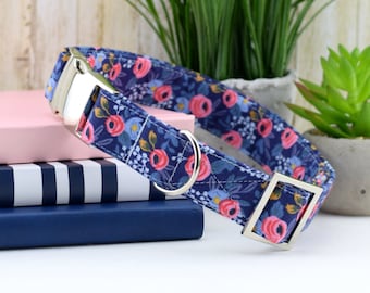 Les Fleurs Rosa Dog Collar - Navy ~ Rifle Paper Co Dog Collar ~ Floral Dog Collar ~ Fabric Collar ~ Silver Hardware ~ Sandy Paws Collar Co®