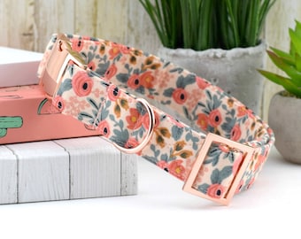 Les Fleurs Rosa Dog Collar - Peach ~ Floral Print Fabric Dog Collar ~ Cotton + Steel Rifle Paper Company ~ Rose Gold Metal Hardware