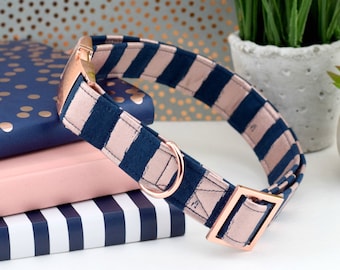 Painted Stripe Dog Collar - Navy & Rose Gold ~ Rose Gold Dog Collar ~ Stripe Print Cotton Fabric Dog Collar ~ Fashion Dog Collar ~ Rose Gold